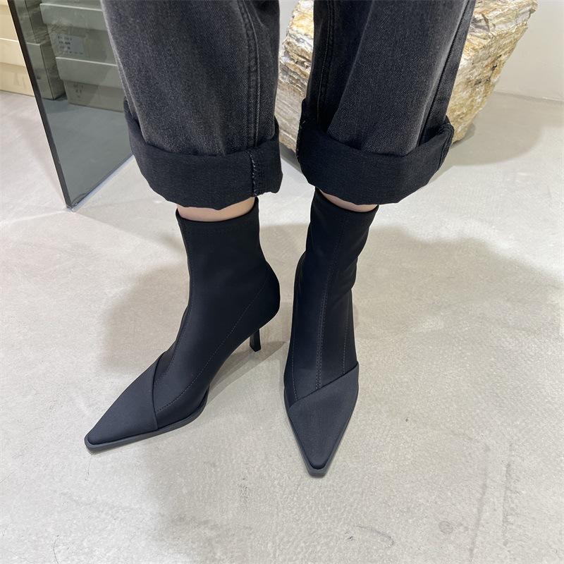 2025 autumn and winter pointed thin heel elastic boots Internet celebrity thin boots medium tube Martin boots matte high heel commuter short boots