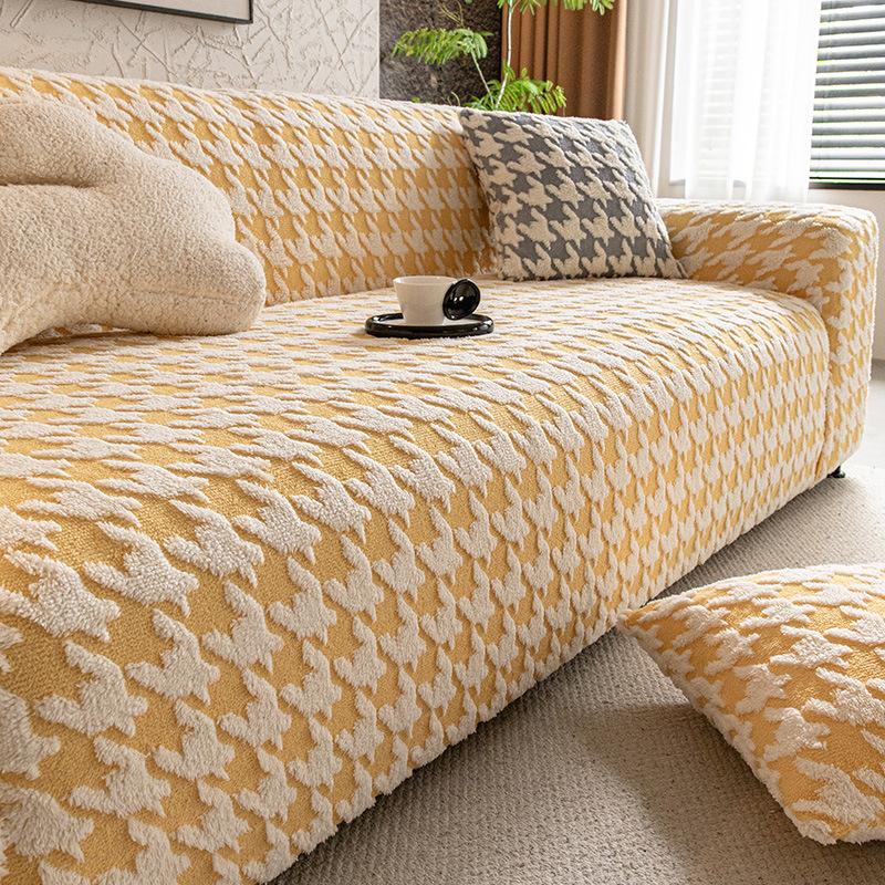Cozy Houndstooth Check Velvet Sofa Cover All Inclusive Anti-Skid Seat Cushion Furniture Protection Slipcover For Living Room