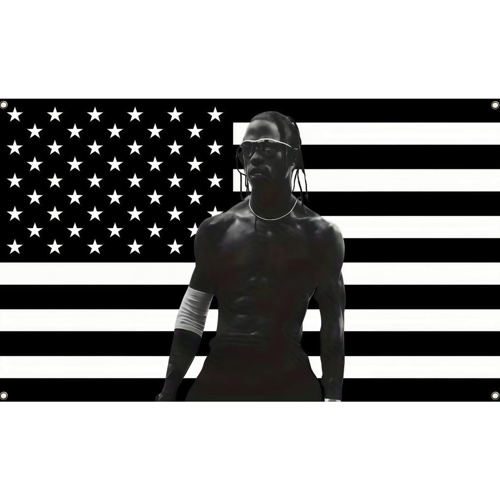 2D Door Banner, 1pc Multi-size Optional Astro Ja Peripheral American Flag, Striking Black and White Rapper Poster Design with Astro Ja, Indoor/Outdoor
