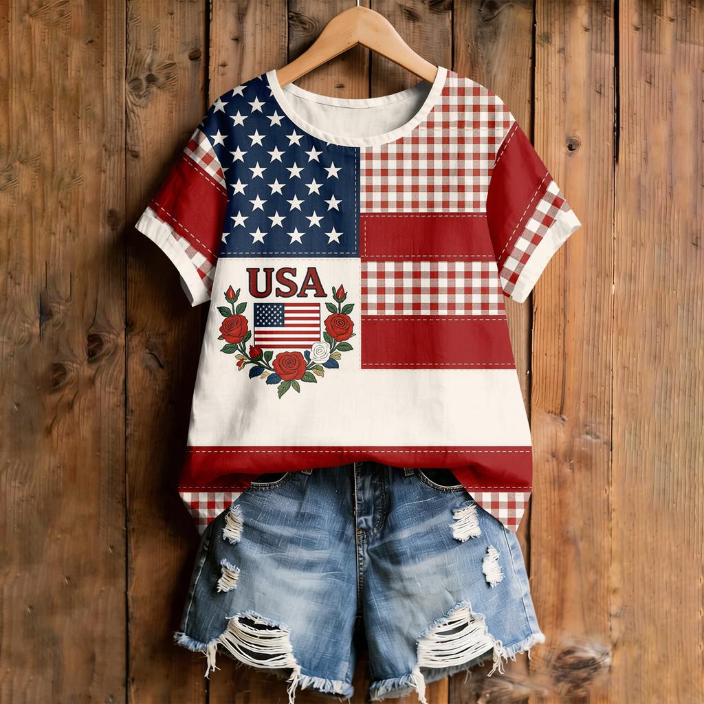 Women's American Floral Patchwork Print Casual T-Shirt 250Th Anniversary USA Shirt Patriotic Tshirt