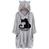 Women Casual Print Cat Ear Hooded Long Sleeves Pocket Top Blouse Shirt