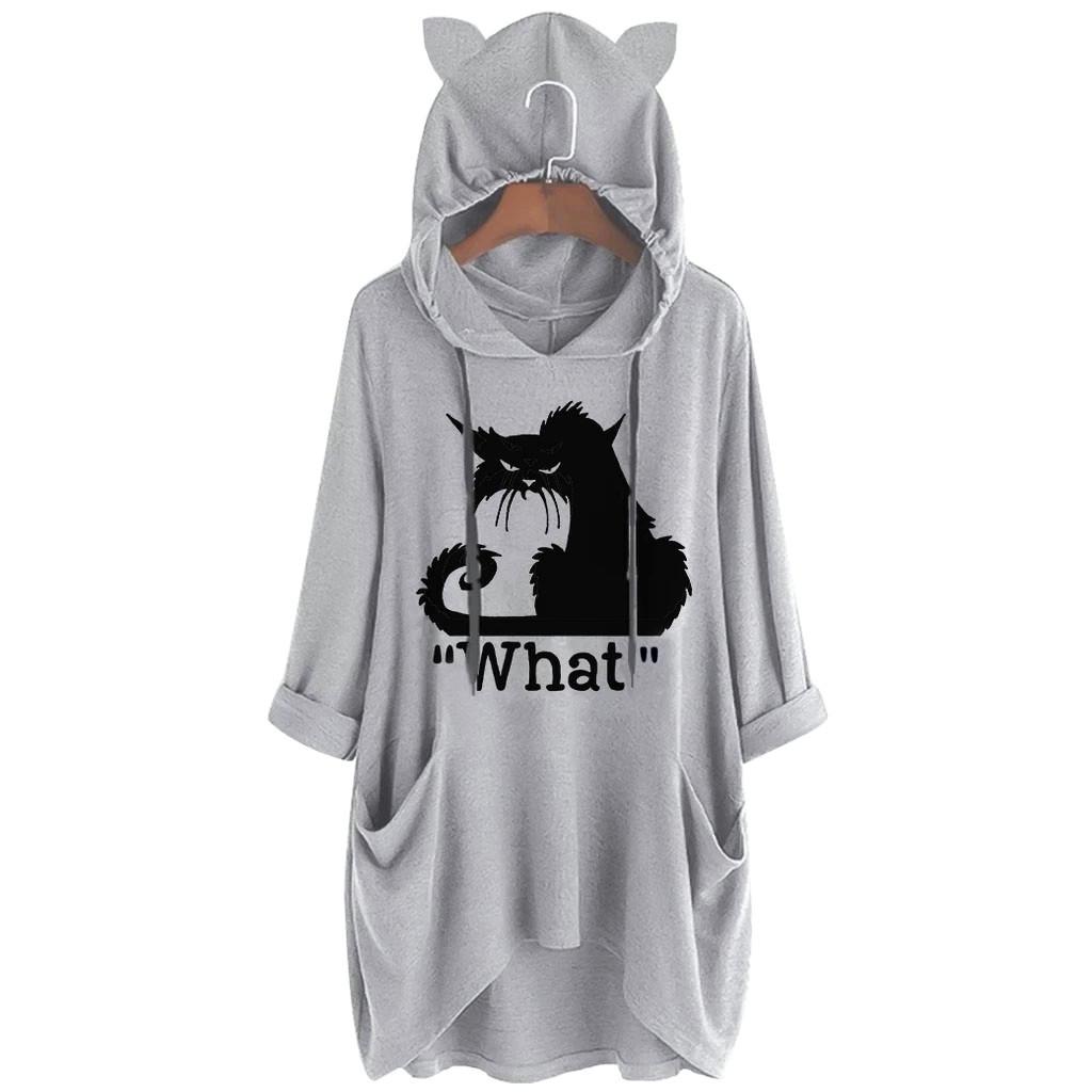 Women Casual Print Cat Ear Hooded Long Sleeves Pocket Top Blouse Shirt