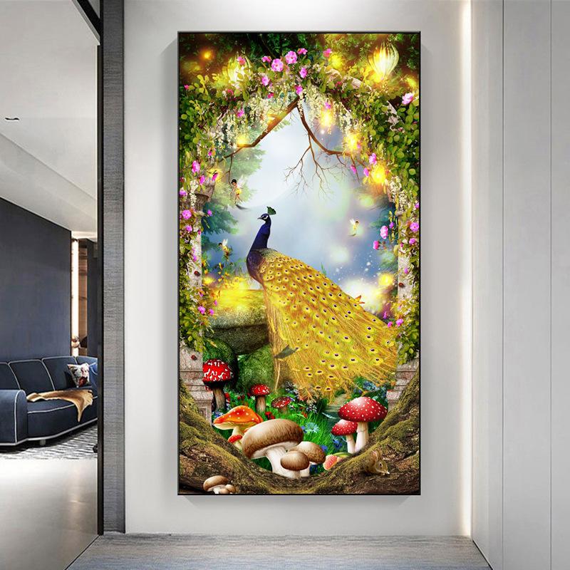 New Chinese Style Light Luxury Peacock Phoenix Canvas Painting Wall Art Abstract Golden Animal Posters for Porch Room Wall Decor