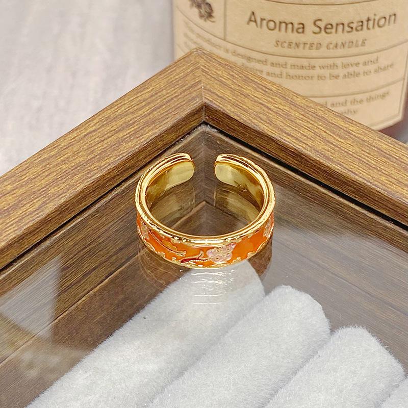 Medieval Vintage Colored Enamel Flower Butterfly Opening Ring Female Retro Niche High-End Light Luxury Ring