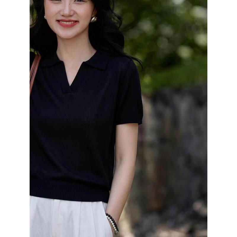 Basic House Women's Black Lapel Tencel Knit Top