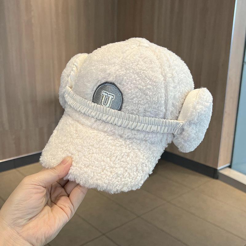 Versatile letter soft top plush cap lamb wool baseball cap women's winter thickened warm ear hat