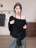 Zhang Jingyi Style Black Off-Shoulder Short-Sleeve Summer T-Shirt for Women - Slimming, Chic, Loose Fit, Diagonal Collar.