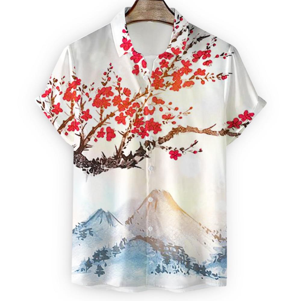 Japanese Flower Bird Print Fashion Men's Shirt Hawaiian Blouse Casual Loose Breathable Short Sleeve Outdoor Street Men's Clothes