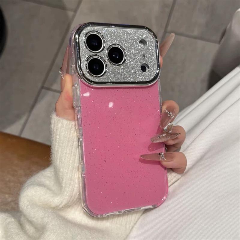 

Glitter Big Window iPhone 17 Pro Case with Apple 16 Pro Lens Film for 14 & 15 Pro Models. 17 Pro темно-розовый