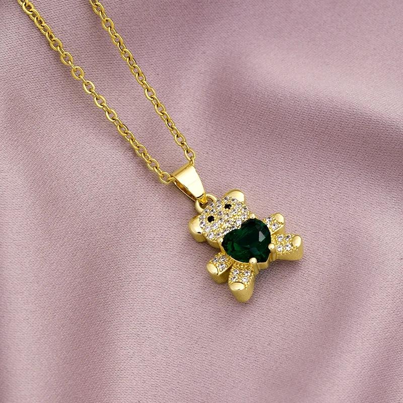 Animal Cute Bear Necklace Women 6 Style Copper Inlaid Zircon Female Charm Fashion Stainless Steel Chain Necklace Jewelry Gift