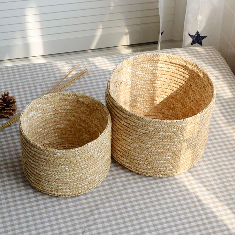 Woven Straw Storage Baskets with Lid Rattan Snack Container Multipurpose Bins Laundry Toys Organizer Household Folding Straw Box