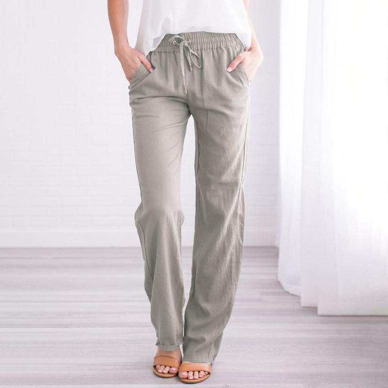 Spring and Summer Women's Fashion Solid Colour Cotton and Linen Drawstring Loose Casual Wide Leg Trousers