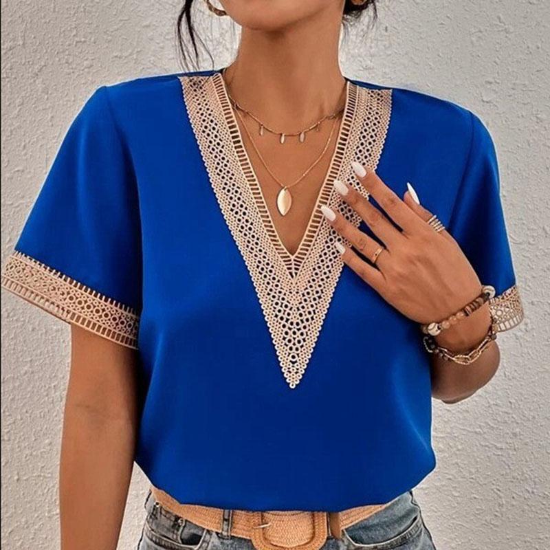 Women's Fashion Shirts Casual Shirt Summer Spring Solid Color Print Lace Short Sleeve V-Neck Blouses & Shirts