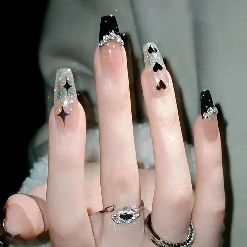 Black sparkling diamond French love star medium and long ballet nail, sweet, cool and fashionable European and American ins style wearing armor 24 