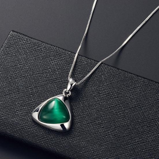 Women Faux Gemstone Triangular Pendant Necklace Ear Stud Earrings Jewelry Set