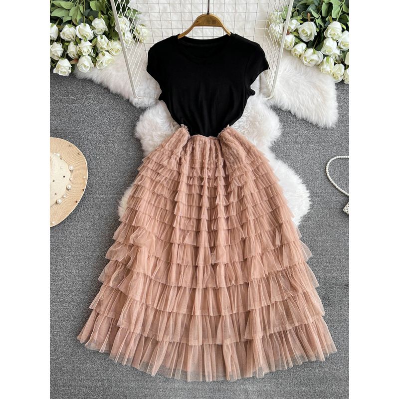 

French Style Gold Midi Dress for Women 2024 Summer New Arrival Black Panel Mesh Cinched Denim Casual Young Dress Black spell khaki One size