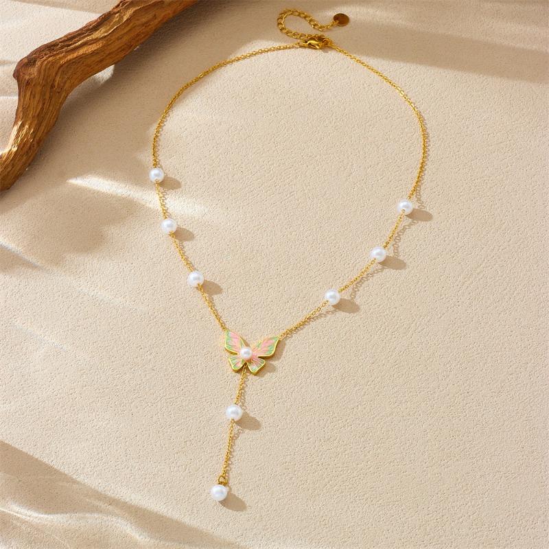 Pearl Butterfly Y-Necklace For Women Gold Plated Stainless Steel Lariat Fashion Jewelry