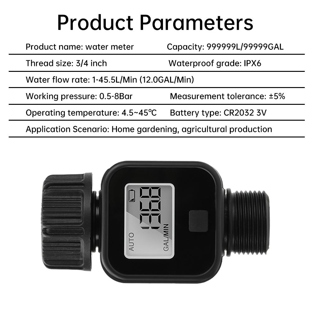 Digital Water Flow Meter IPX6 Outdoor Garden Hose Water Calculate Consumption Water Flow Rate 1/1" BSP Thread Quick Connectors
