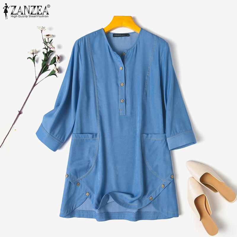 

ZANZEA Женская повседневная свободная длинная блузка с круглым вырезом и рукавами 3/4