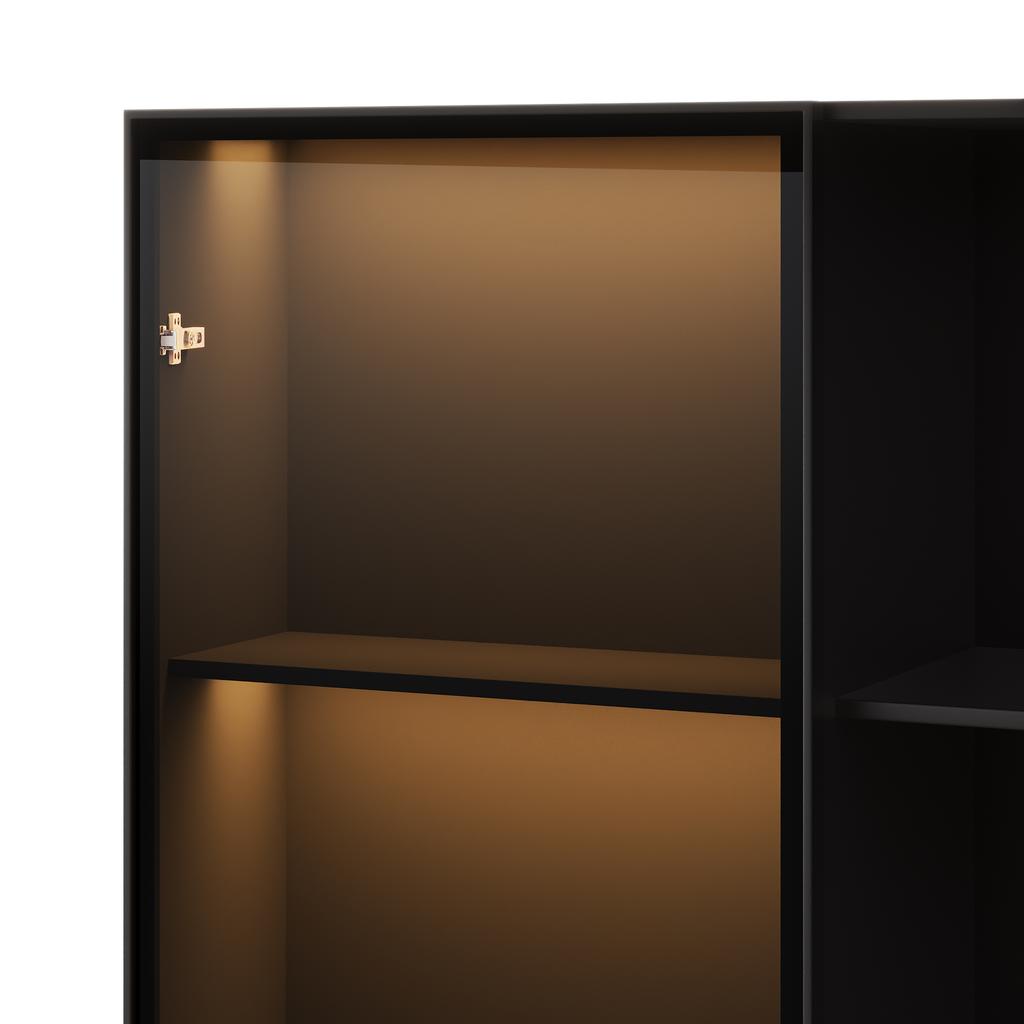 LED Display Cabinet 80 X 40 X 160 Cm - Bookcase with Tempered Glass Door and LED Lighting, 3 Drawers and 3 Open Compartments, Multicolor LEDs