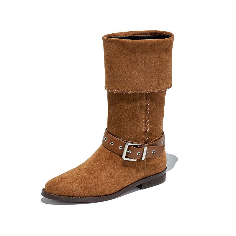 Retro stacking boots 2025 autumn and winter new thick heel buckle western cowboy british style knight boots casual boots