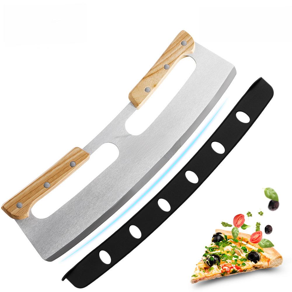 Upgrade Doppelgriff Pizzaschneider Holzgriff Halbkreis Pizza Steinmesser Edelstahl Pizzaschneider Brandneue Schutzhülle
