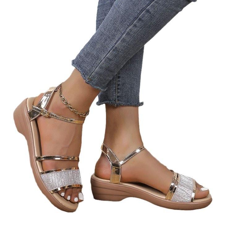 2024 summer new foreign trade large size European and American rhinestone slope heel fish mouth one-word buckle beach women's sandals 43