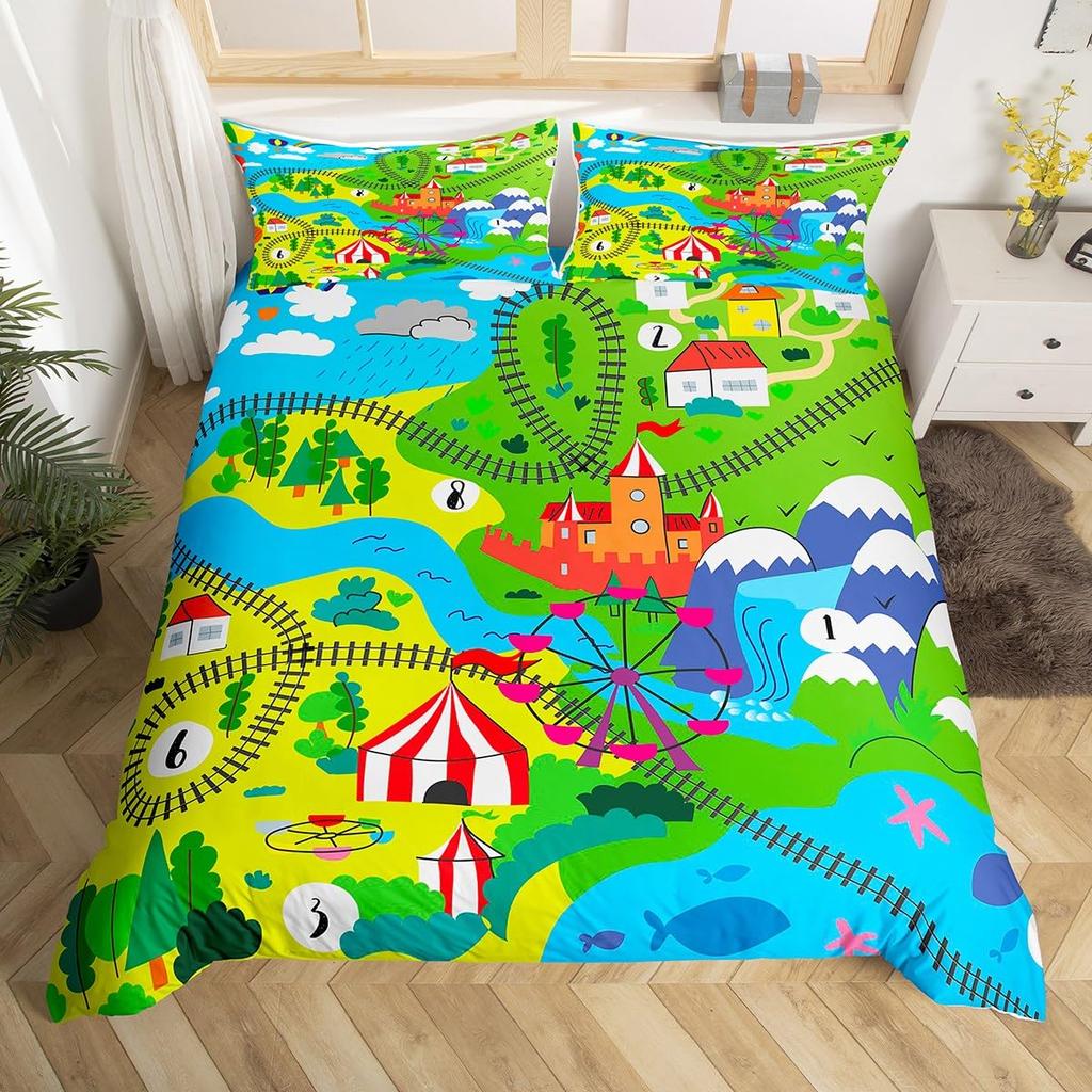 Rustic Suburb Duvet Cover Countryside House Tree Hand Graffiti Bedding Set Nature Scenery Comforter Cover Blue River Quilt Cover