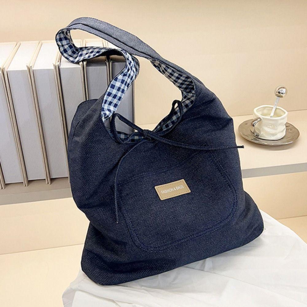 Japanese Style Double Sided Plaid Denim Vest Bag Lattice Canvas Tote Bag  Student