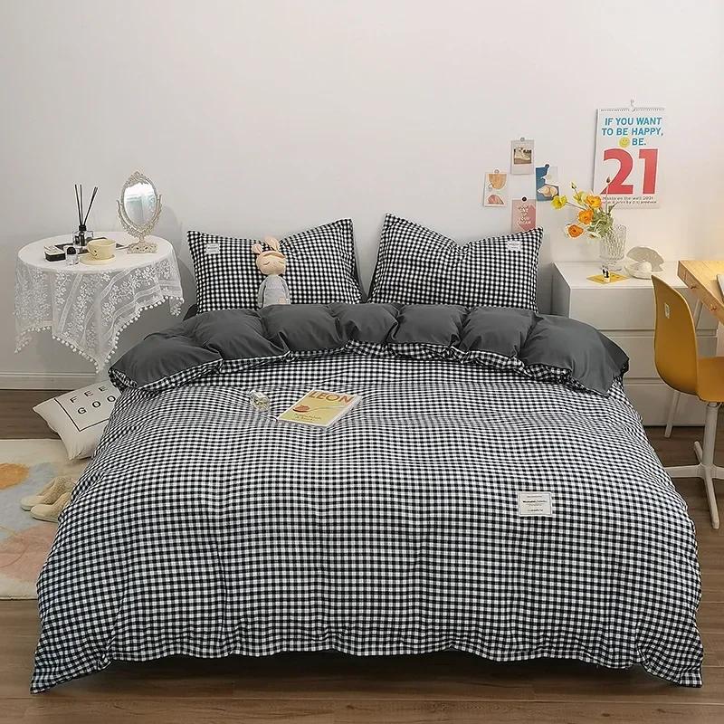 

Japanese Grid Printed Washed Bedding Set Skin-Friendly Breathable Quilt Cover Sets for All Seasons Queen King Size Bedclothes 1.2m-150x200cm 3pcs