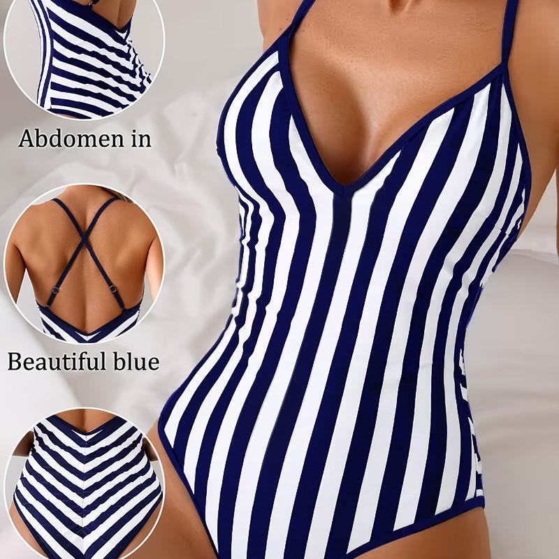 Women Fashion Striped Print Backless Waist Slimming One Piece Swimsuit Beach Swimwear