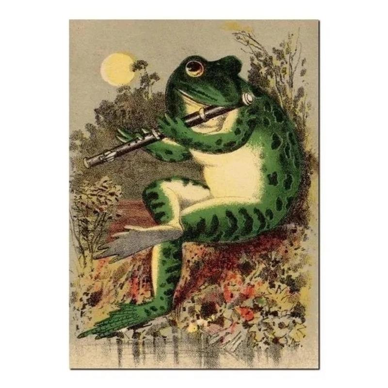 Vintage Animals Posters Banjo Frog Cartoon Canvas Painting and Prints Funny Nursery Wall Art Picture for Living Room Home Decor