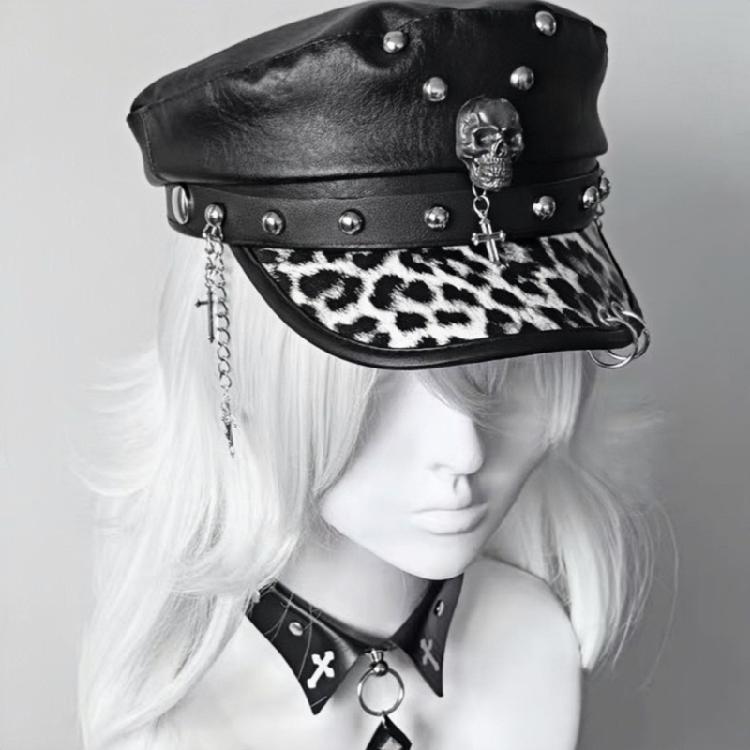 2000s Women Beret Hat Punk Rivet Decors Flat Top Cap Breathable PU Leather Octagonal Hat for Casual and Cosplay Wear