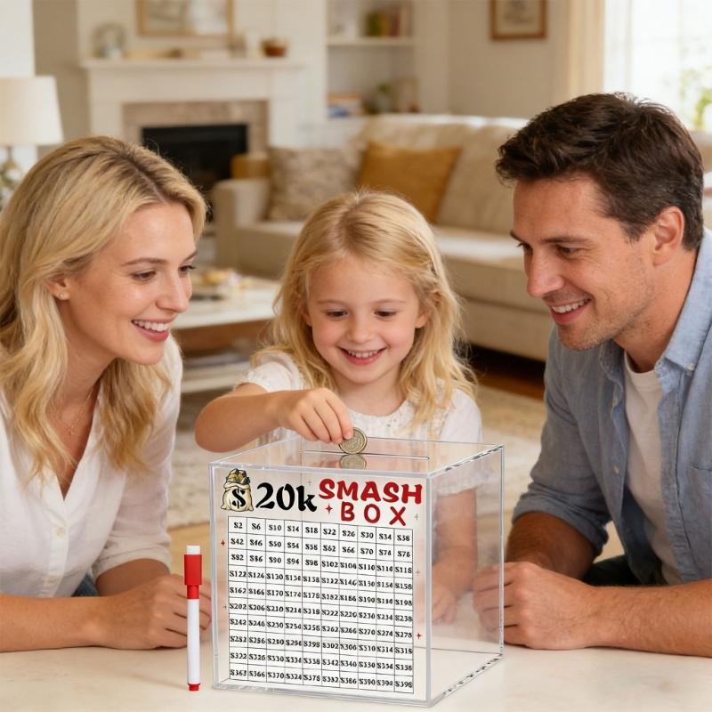10K/20K Smash Box Money Saving Challenge,Clear Acrylic Piggy Banks Break To Open Cash Vaults,Cash and Coin Collection Box