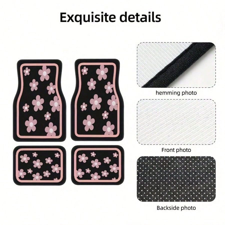 4 Stück Auto-Fußmatten, Niedliches Rosa Blumenmuster, Strapazierfähiges Polyester-Material, Vordere und Hintere Matten, Für Vollständigen Schutz des Auto-Innenraums