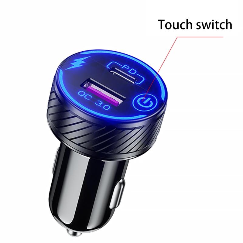 Universal QC3.0 USB Dual Port USB C Type C PD Car Adapter Fast Car Charger with for Touch Power Switch LED Backlight