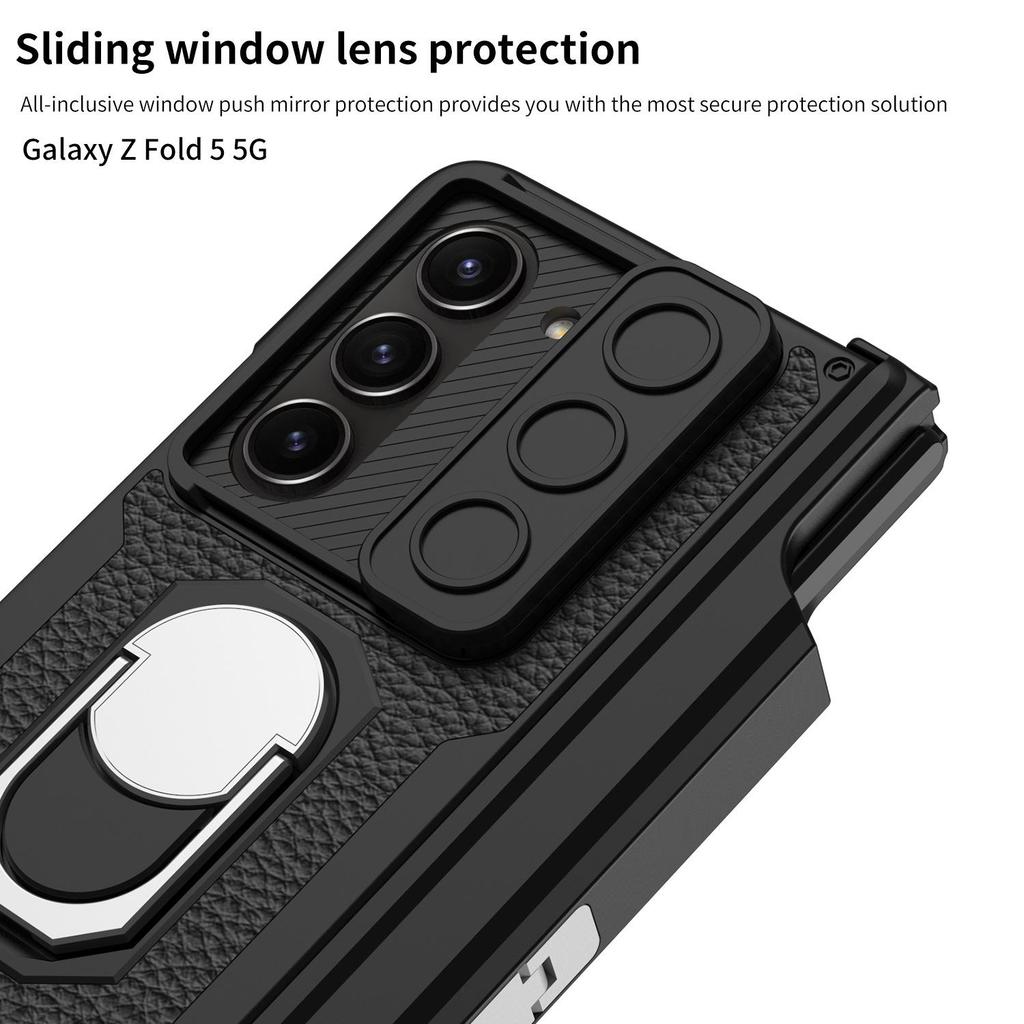 Samsung Z Fold 5 Magnetic Leather Armor Case with Push-Window Lens & Pen Holder