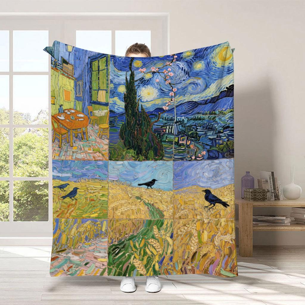 Van Gogh's Checkered Theme polyester Bedroom velvet flannel soft sofa cover blanket Fleece soft sofa cover blankets for beds