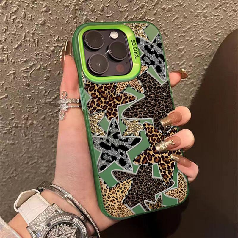 Material Phone Case for iPhone 16 17 Cases iPhone 16e 15 14 13 12 11 Pro Max XS X XR 7 8 Plus Black Leopard Print Star Cover