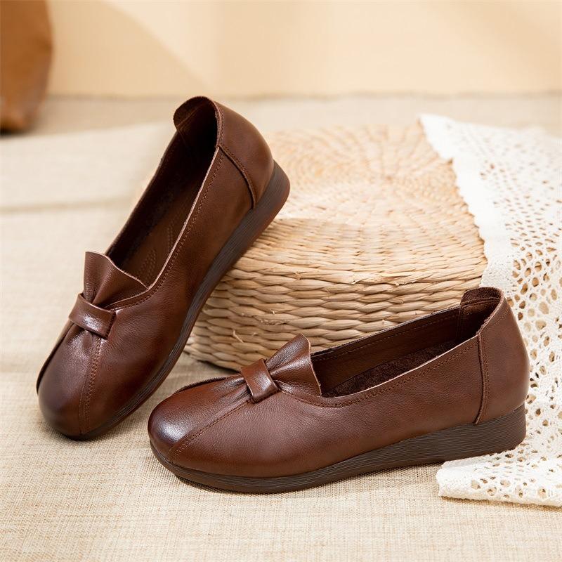 

Весенние кожаные туфли на плоской подошве с мягкой подошвой, туфли Doudou в стиле ретро, обувь для женщин среднего и пожилого возраста 41 темно-коричневого