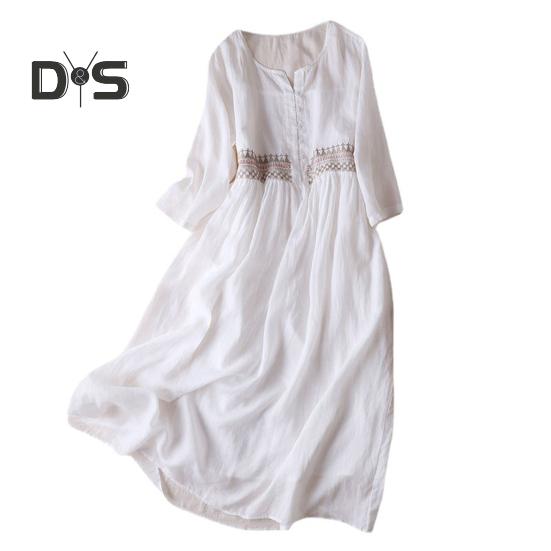 

Летнее ретро-платье в этническом стиле с вышитым принтом и миди-платьем с круглым вырезом, длинными рукавами и пуговицами, повседневное платье А-силуэта длиной до середины голени M белый