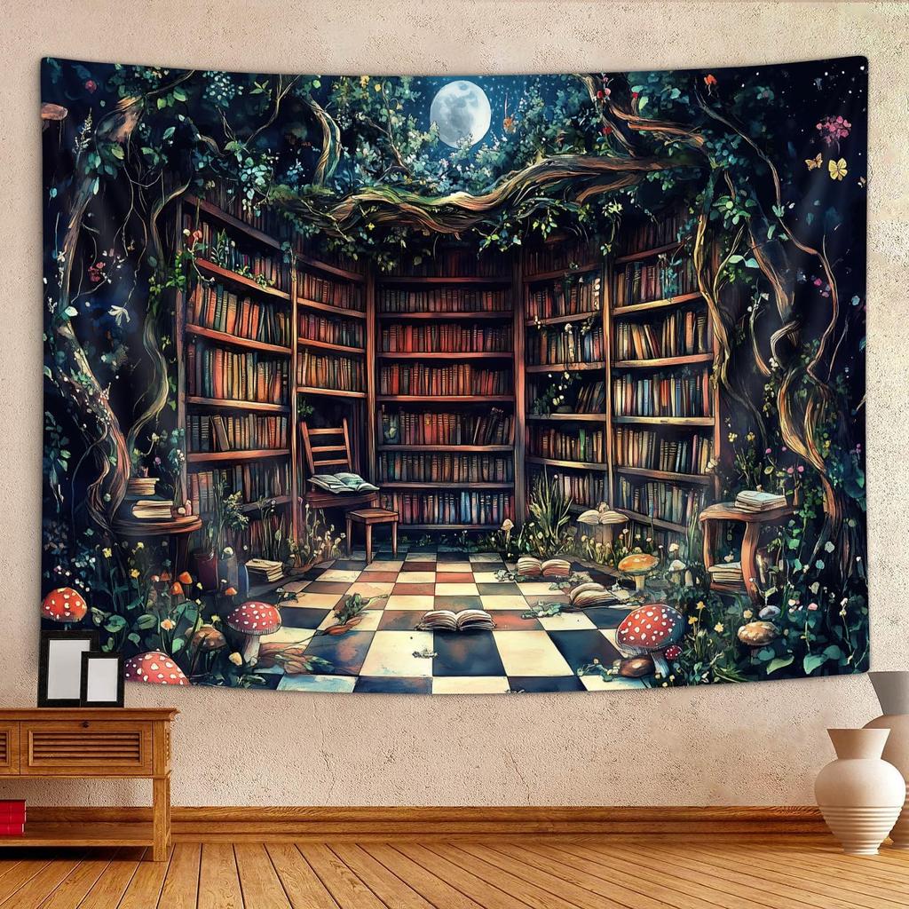 Magischer Wald Wandteppich Märchenbaum Magisches Bücherregal Ästhetische Wandteppiche für Klassenzimmer Hexenhafter Feenbaum Geheimnisvoll Vintage