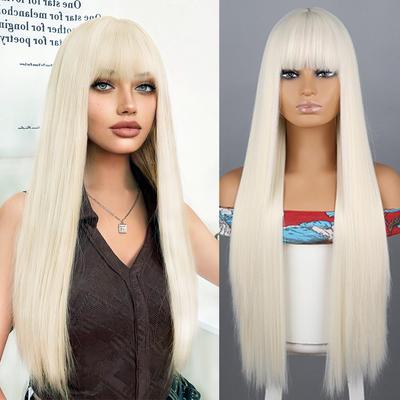 Long Straight Wig With Bangs Natural White Hair Wigs Synthetic Heat Resistant Wigs For Girls Daily Party Use