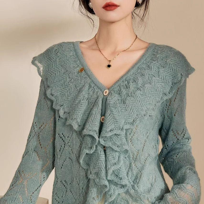 French Retro Hollow Out Knit Cardigan Women's Spring Autumn Unique Design Niche Loose Lazy Style Sweater