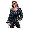 Autumn 2025 V-neck Knit Pullover: European-American Style, Hip-Length Striped Sweater for Women