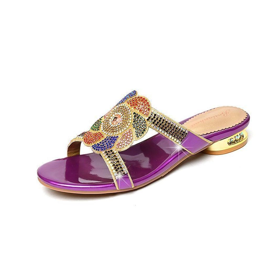 Women Fashion Sweet Purple Crystal Square Heel Sandal Shoes Lady Casual Comfort Summer Plus Size Sexy Sandals Ab620