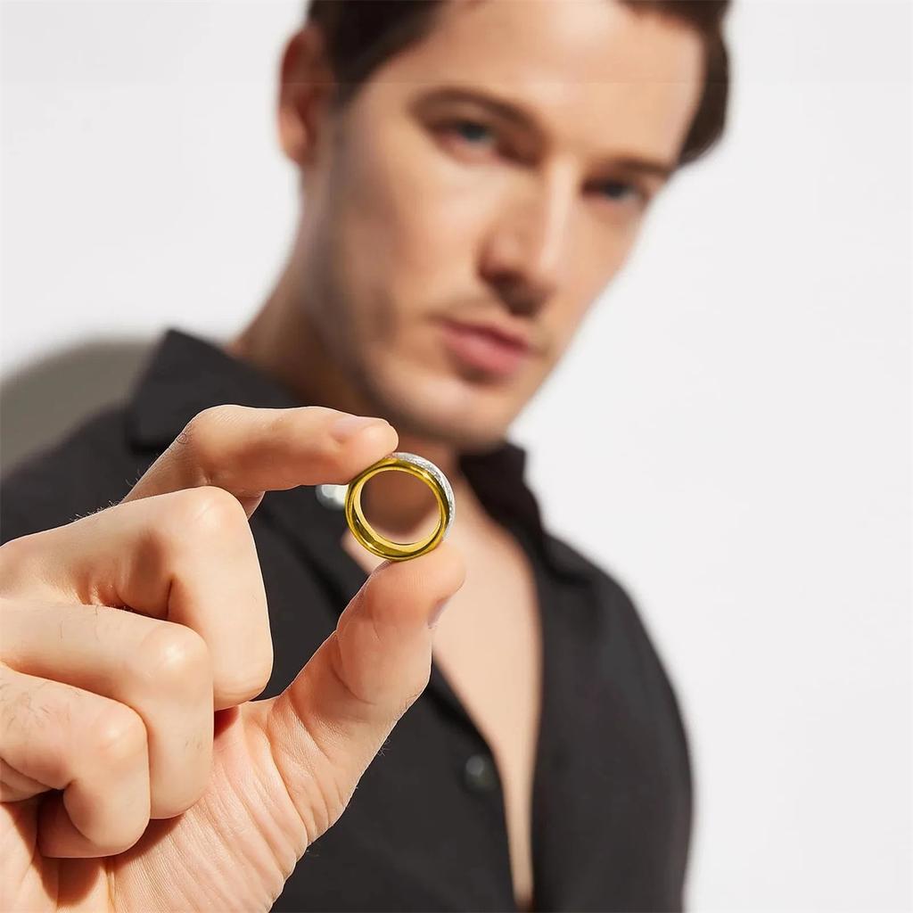 Luxury 8mm Gold Color Men Stainless Steel Wedding Rings Inlay Meteorites Engagement Rings For Men Party Jewelry Drop Shipping