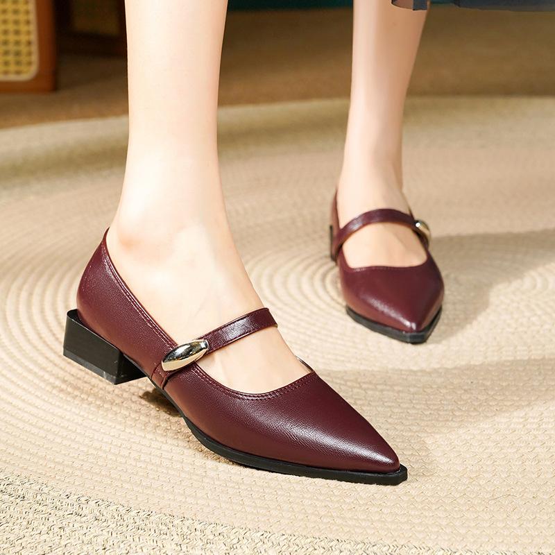 Pointed Head Shallow Mouth Thick Heel with Temperament Soft Leather Single Shoes Commuter Professional Work Shoes