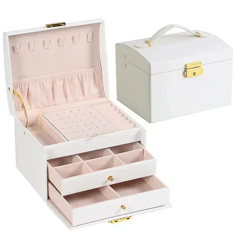 Portable Jewelry Box Handheld PU Leather Drawer Three-Layer Storage Simple Design Jewelry Case Cosmetic Box