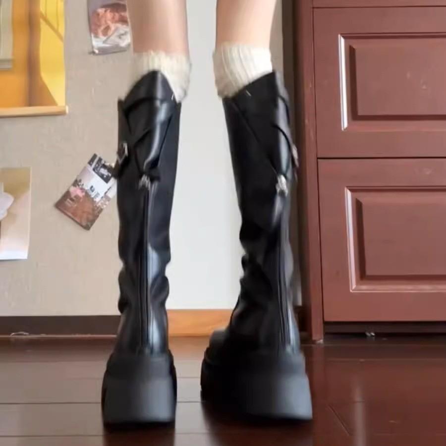 Niche Design Sense Locomotive Thick-soled Boots Small Man Looking Thin Black But Knee Boots Children Autumn